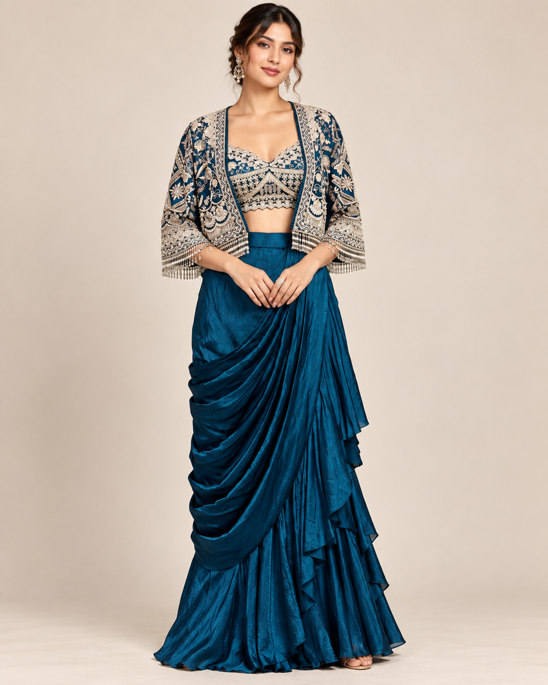 Teal Blue Pre-Draped Skirt Set with Embroidered Bustier and Cape Jacket
