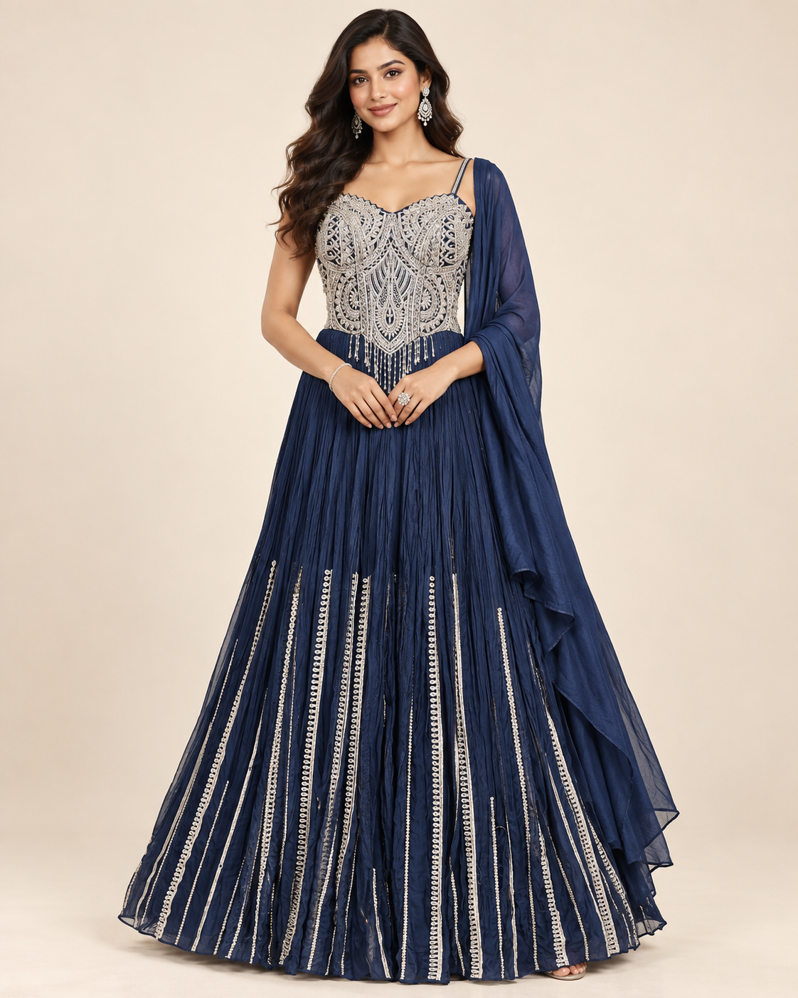 Midnight Blue Embroidered Corset Anarkali Gown with Dupatta