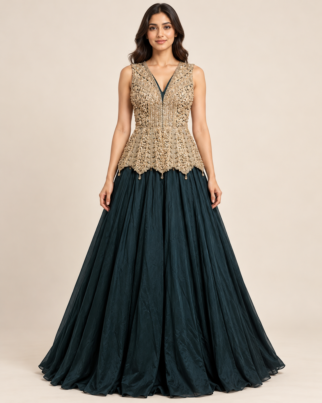 Emerald Green Embroidered Peplum Lehenga Set Main image