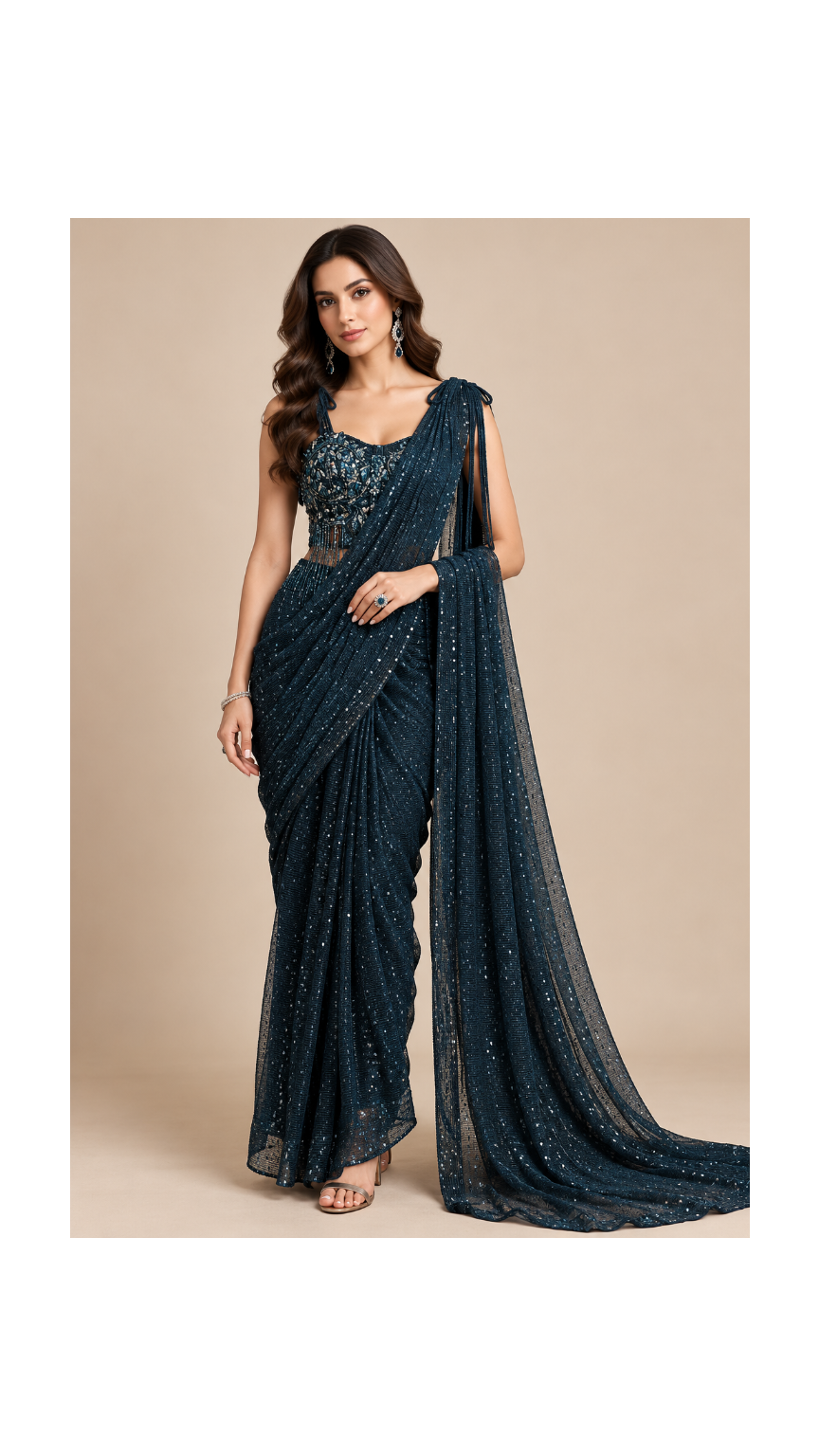 Midnight Blue Pre-Draped Sequin Saree Set