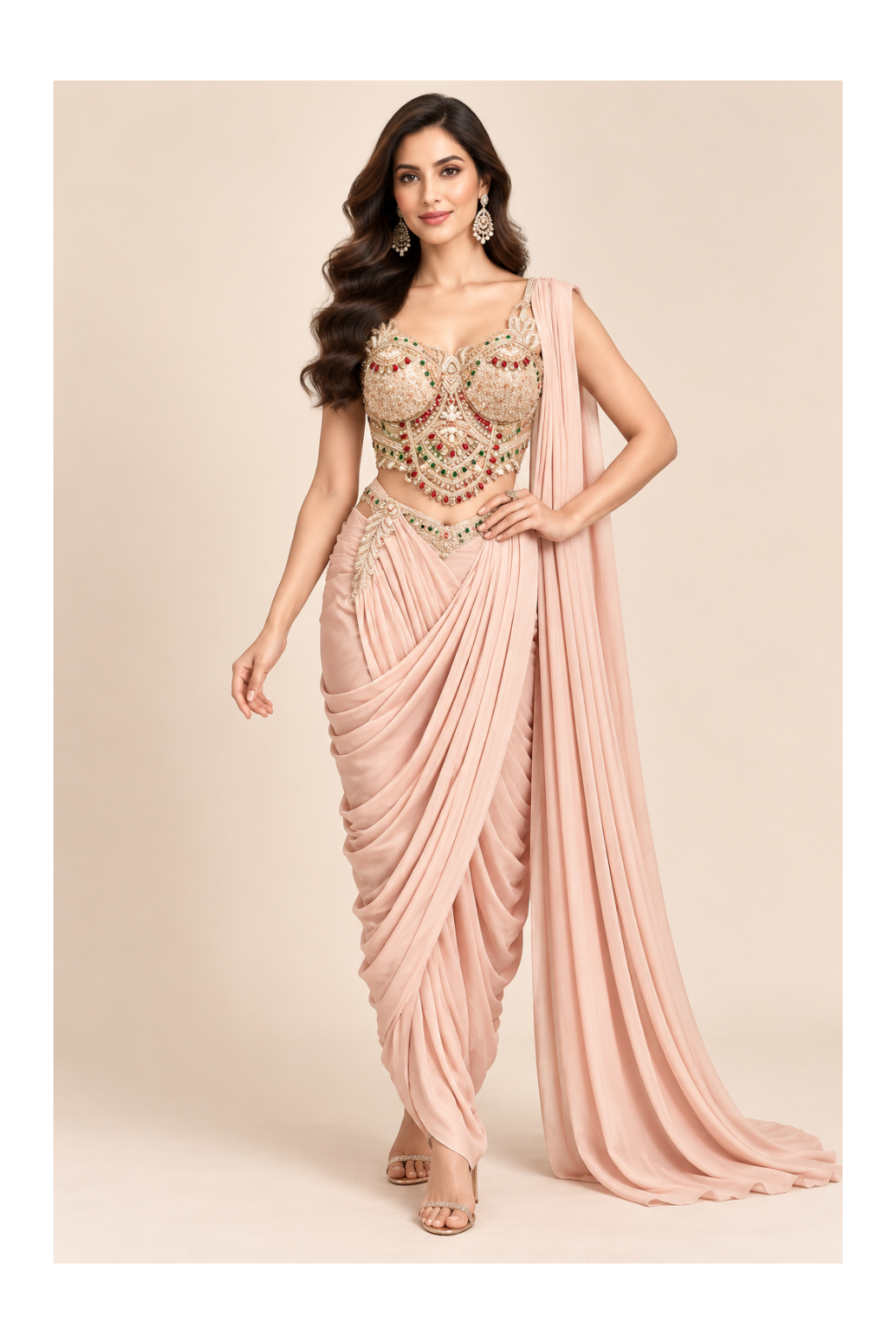 Blush Peach Jeweled Corset Bustier & Pre-Draped Cowl Saree Set
