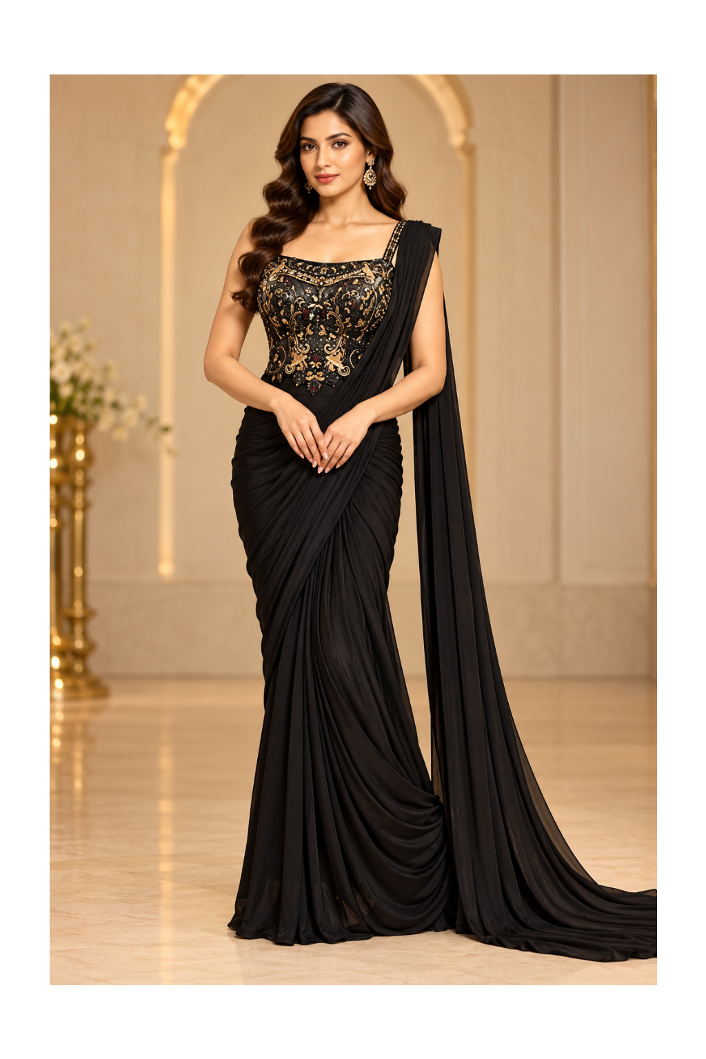 Classic Black Embroidered Corset Bustier & Pre-Draped Saree-Gown Ensemble