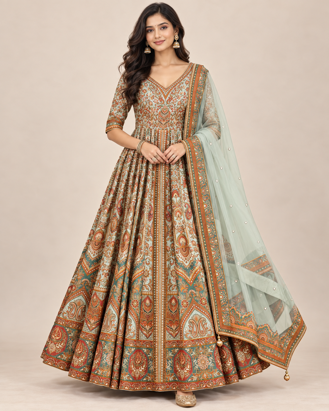 Sage Green Embroidered Anarkali Gown Set Main image