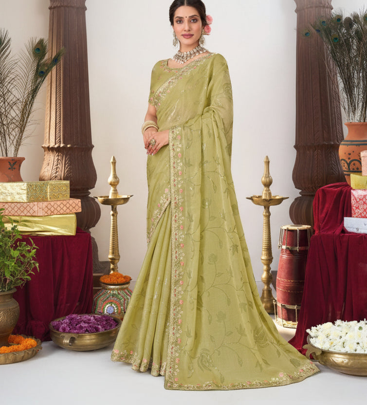 Graceful Pistachio Green Embroidered Saree