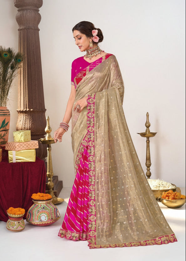 Antique Gold Shimmer Saree with Rani Pink Leheriya Pleats Main image