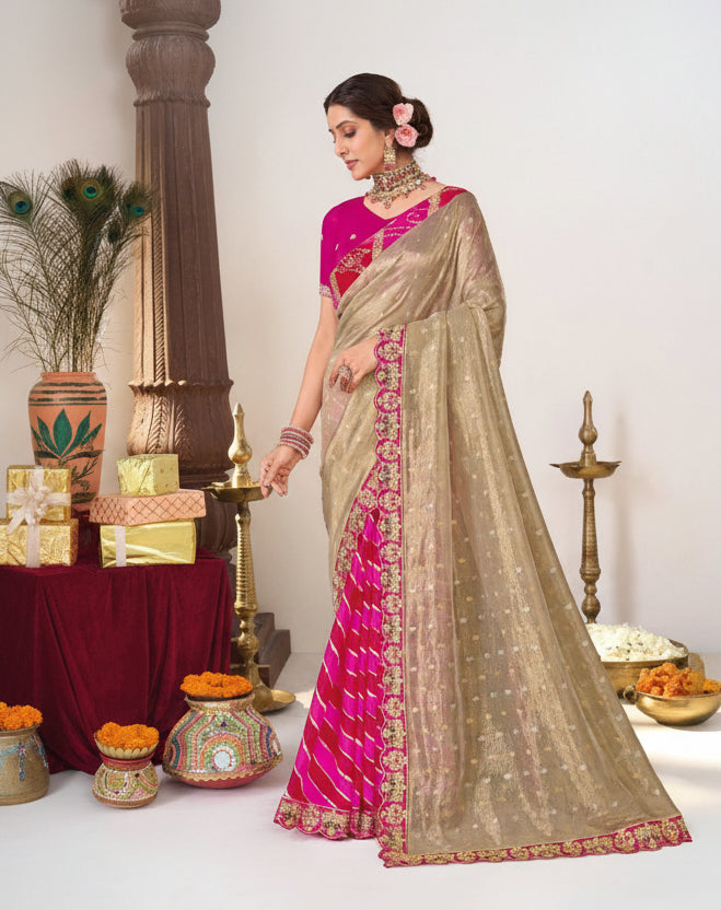 Antique Gold Shimmer Saree with Rani Pink Leheriya Pleats