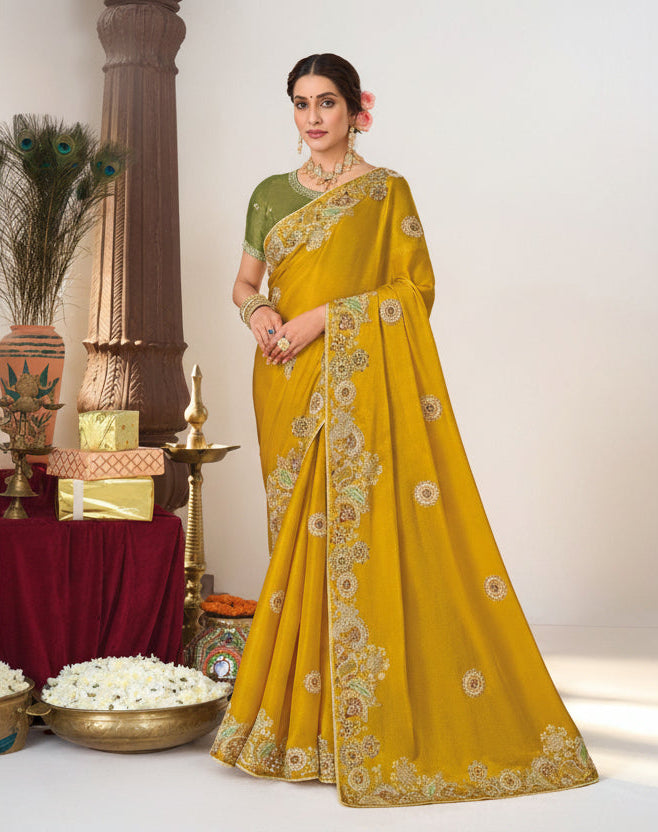 Royal Mustard Embroidered Saree Main image