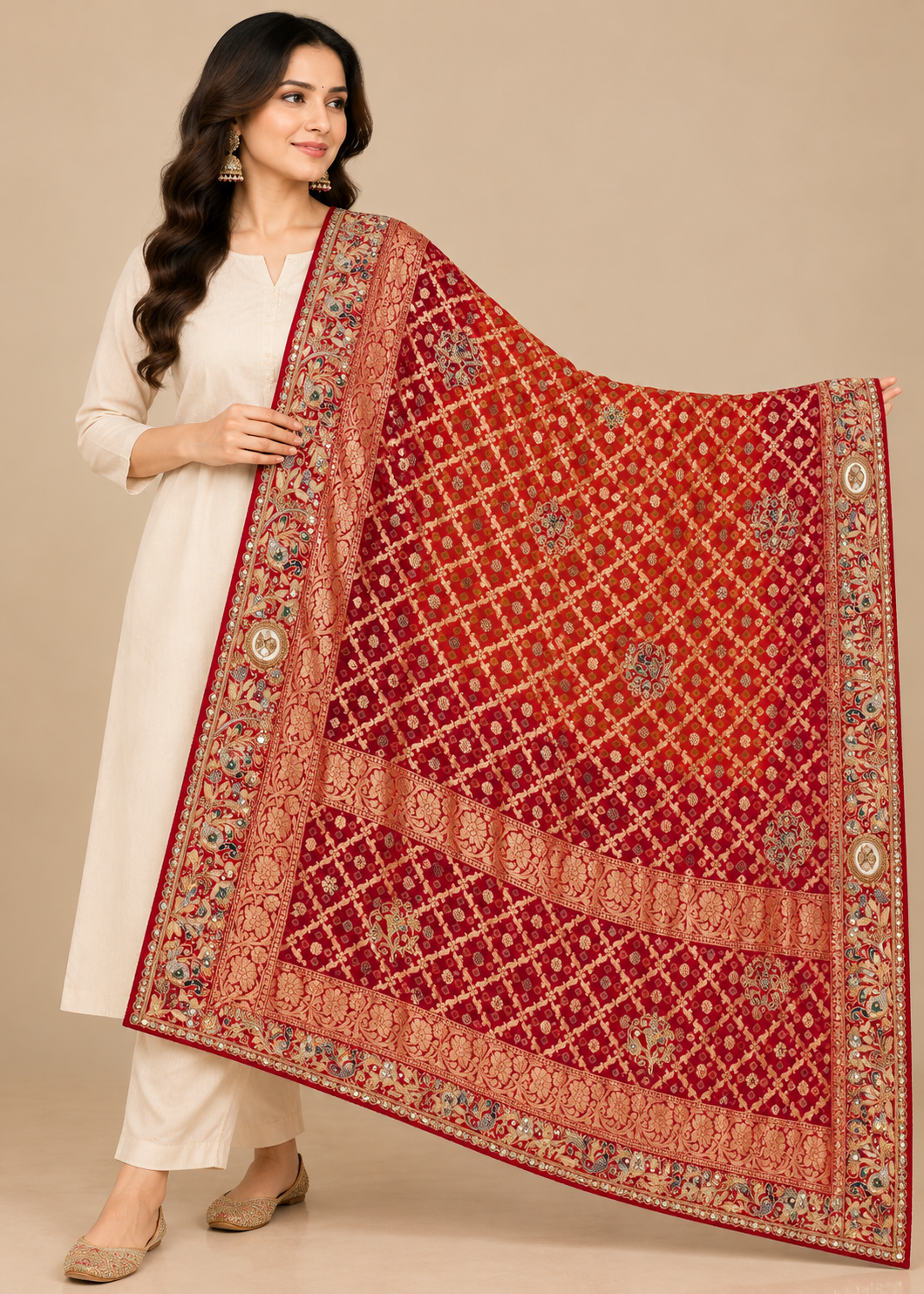Red Bandhani Banarasi Zari Silk Dupatta
