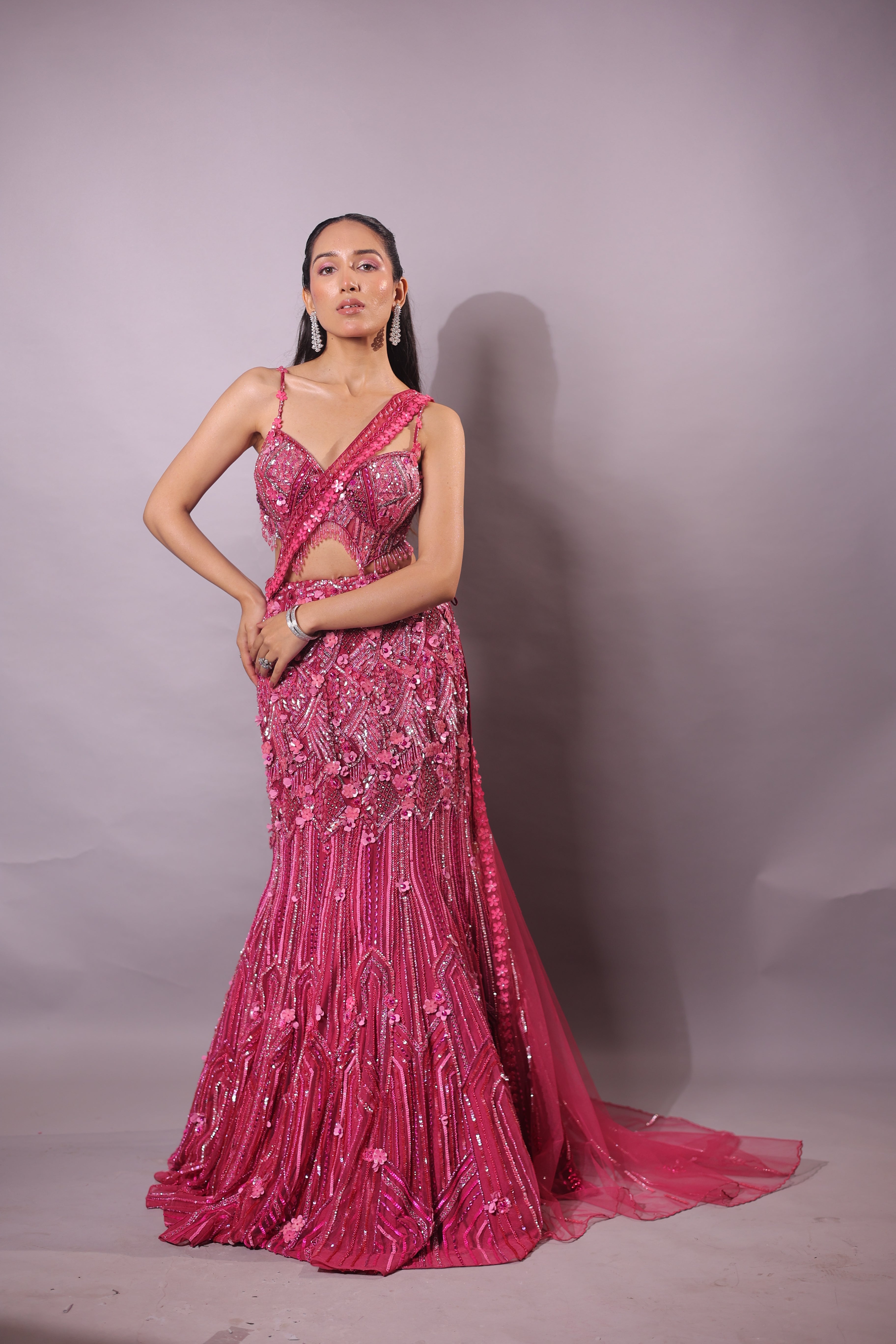 Rani Pink Indo-Western Fusion Pre-Draped Mermaid Lehenga Set Main image