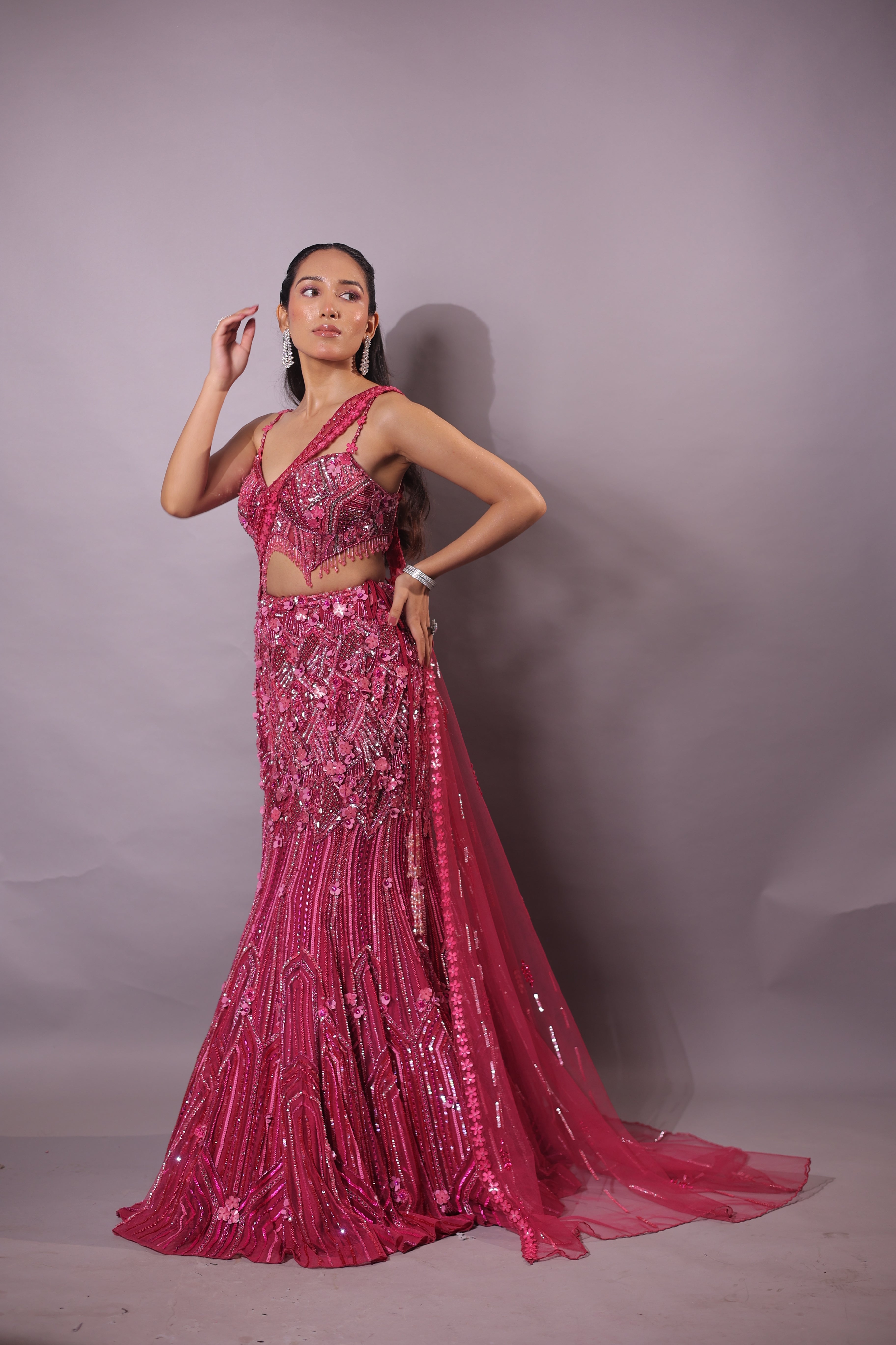 Rani Pink Indo-Western Fusion Pre-Draped Mermaid Lehenga Set