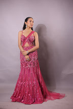 Rani Pink Indo-Western Fusion Pre-Draped Mermaid Lehenga Set