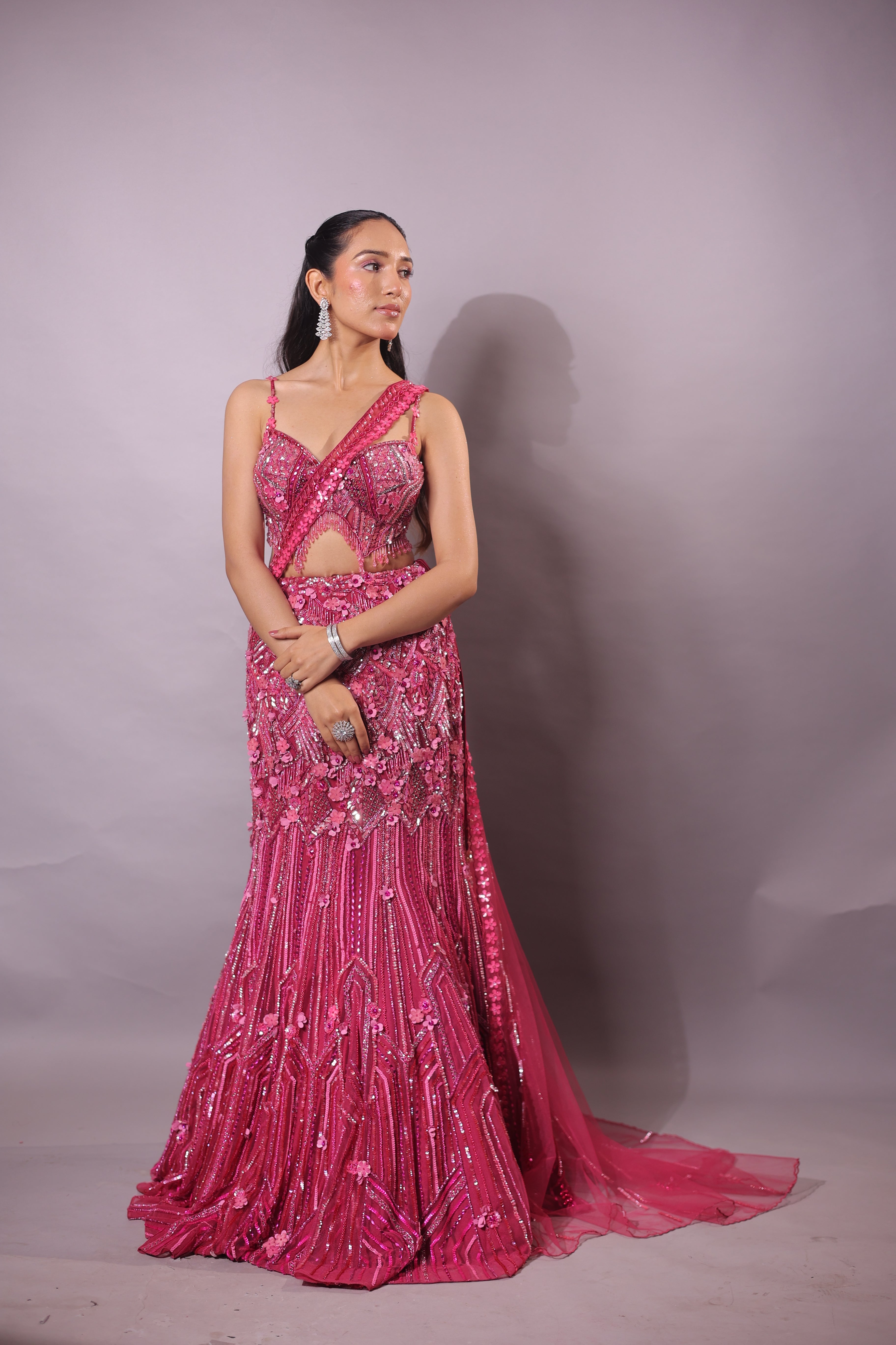 Rani Pink Indo-Western Fusion Pre-Draped Mermaid Lehenga Set