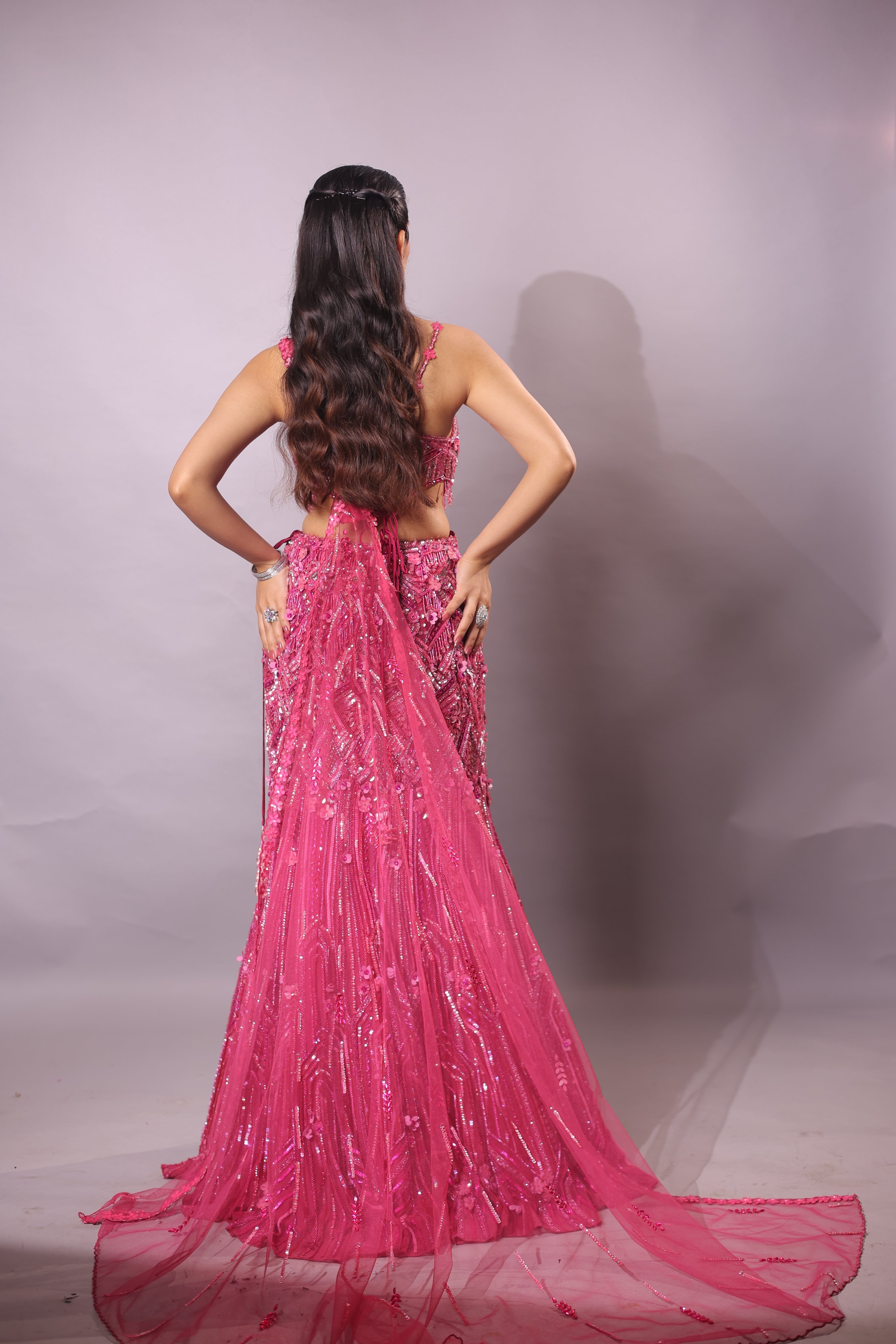 Rani Pink Indo-Western Fusion Pre-Draped Mermaid Lehenga Set