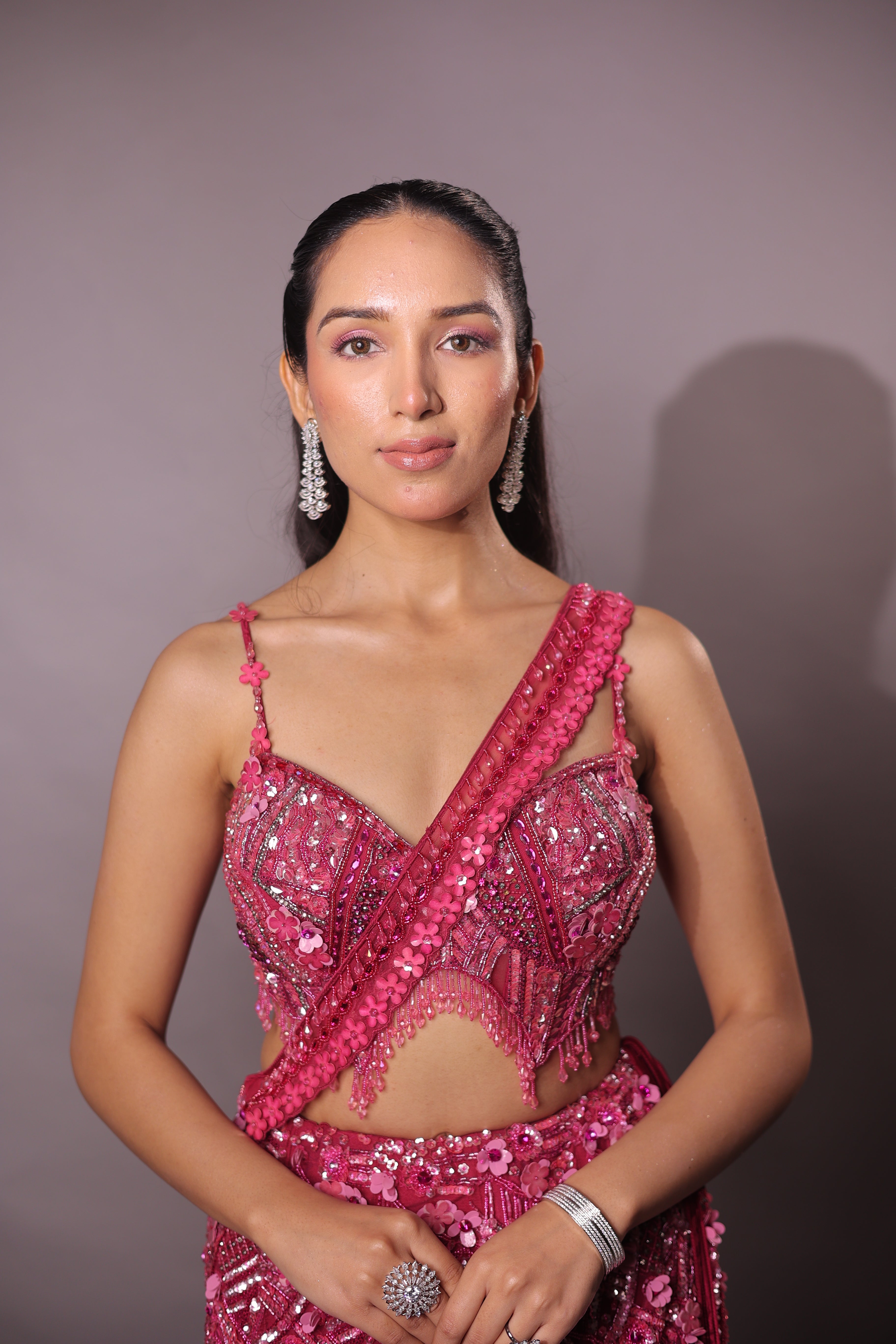 Rani Pink Indo-Western Fusion Pre-Draped Mermaid Lehenga Set Secondary image