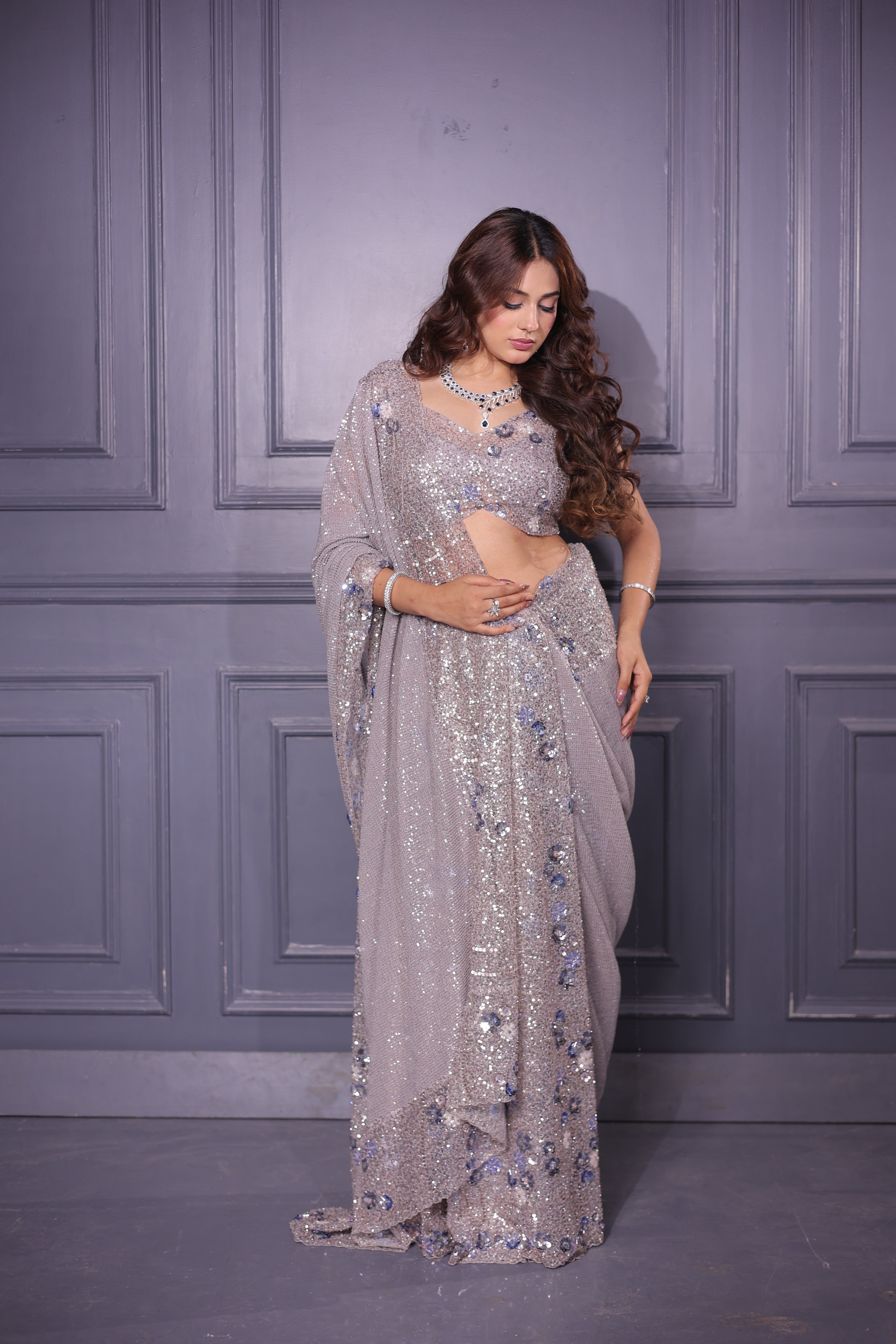 Grey Blue Shimmer Saree with Sequin Blouse