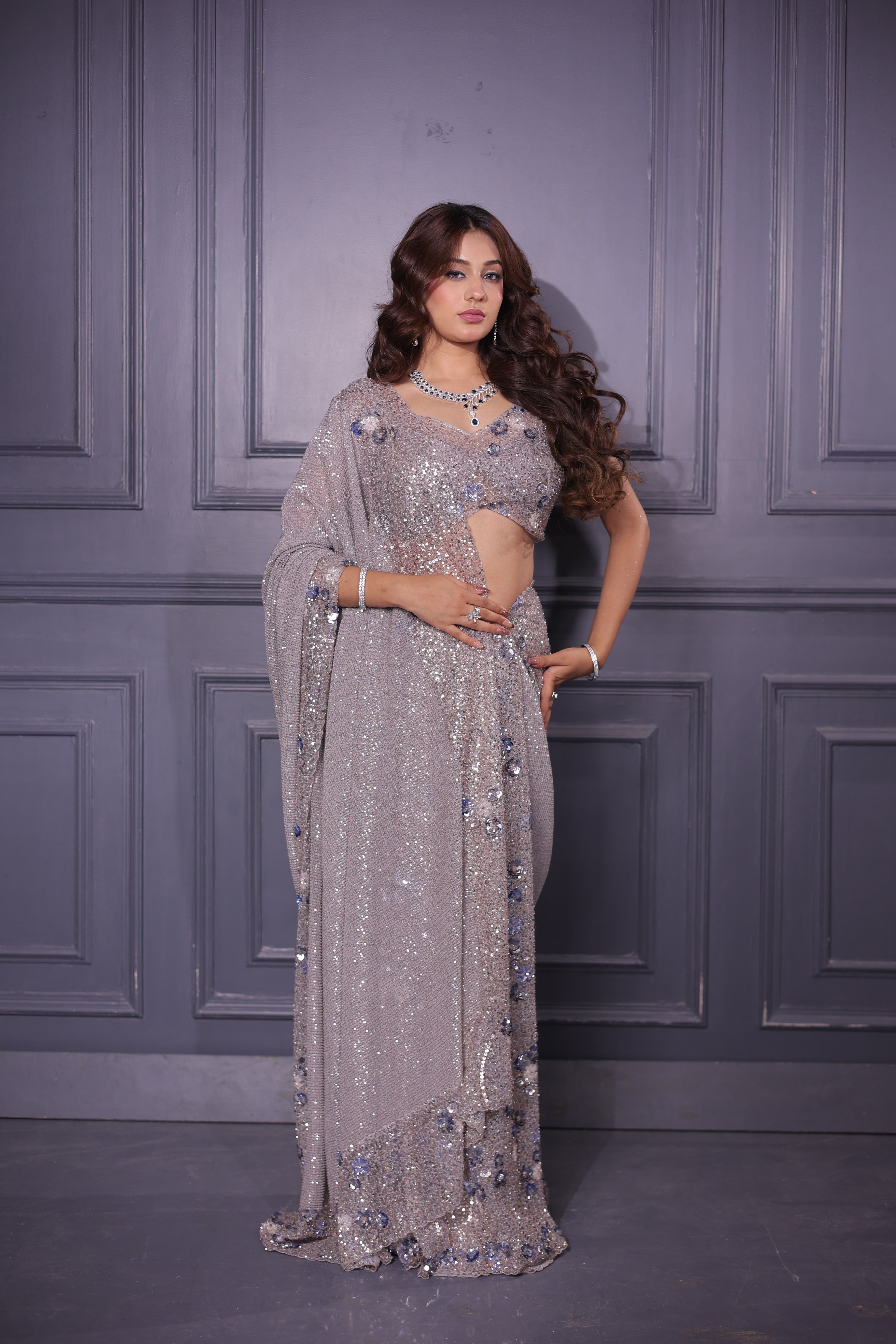 Grey Blue Shimmer Saree with Sequin Blouse Main image