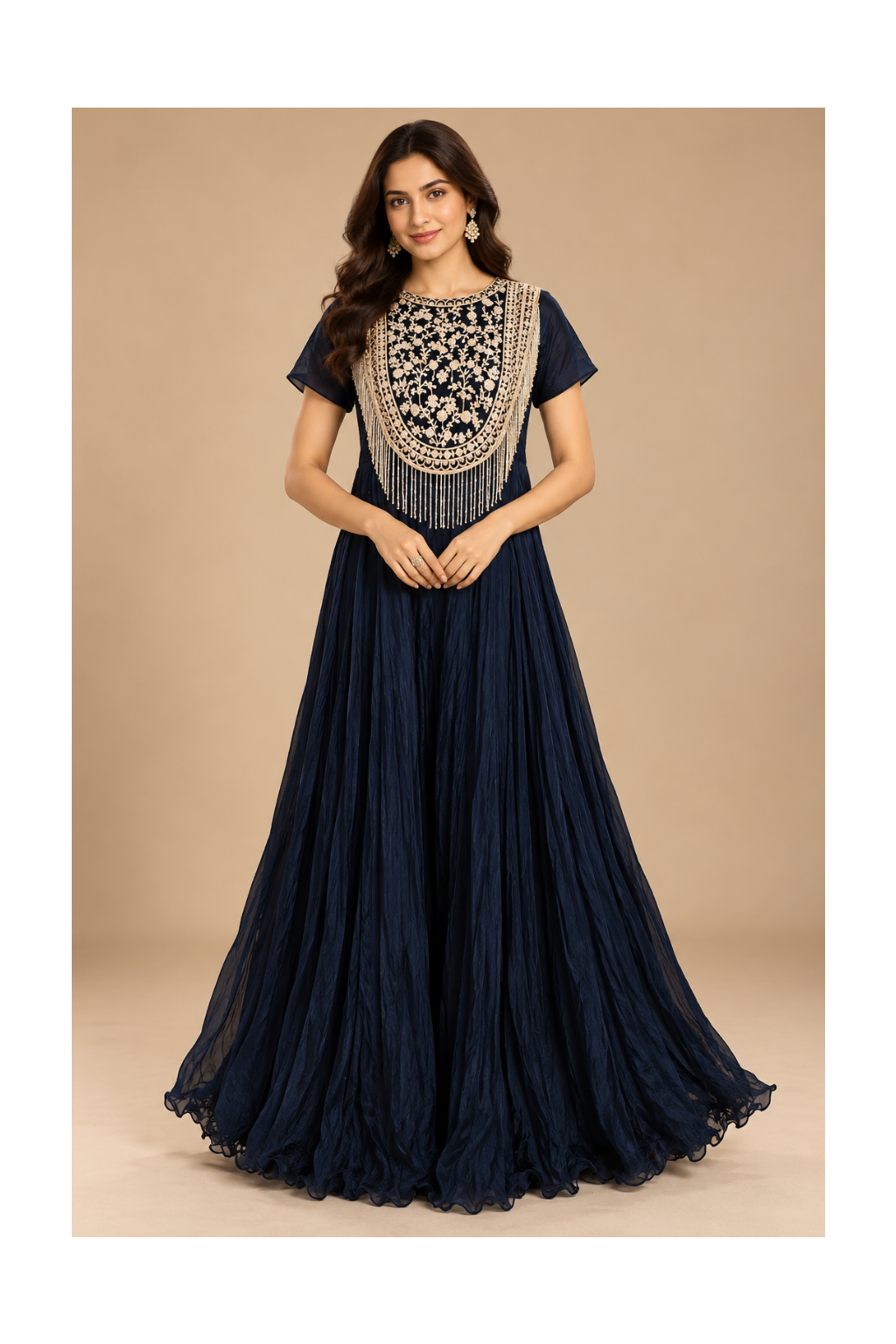 Midnight-Navy Accordion-Pleated Gown with Pearl Main image