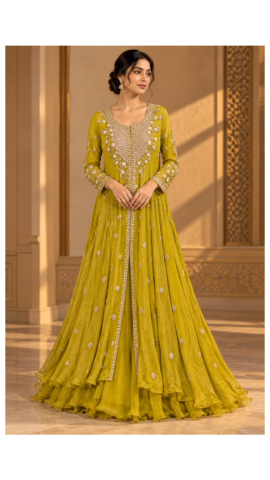 Chartreuse-Olive Embroidered Open-Front Anarkali Jacket & Layered Gown Set