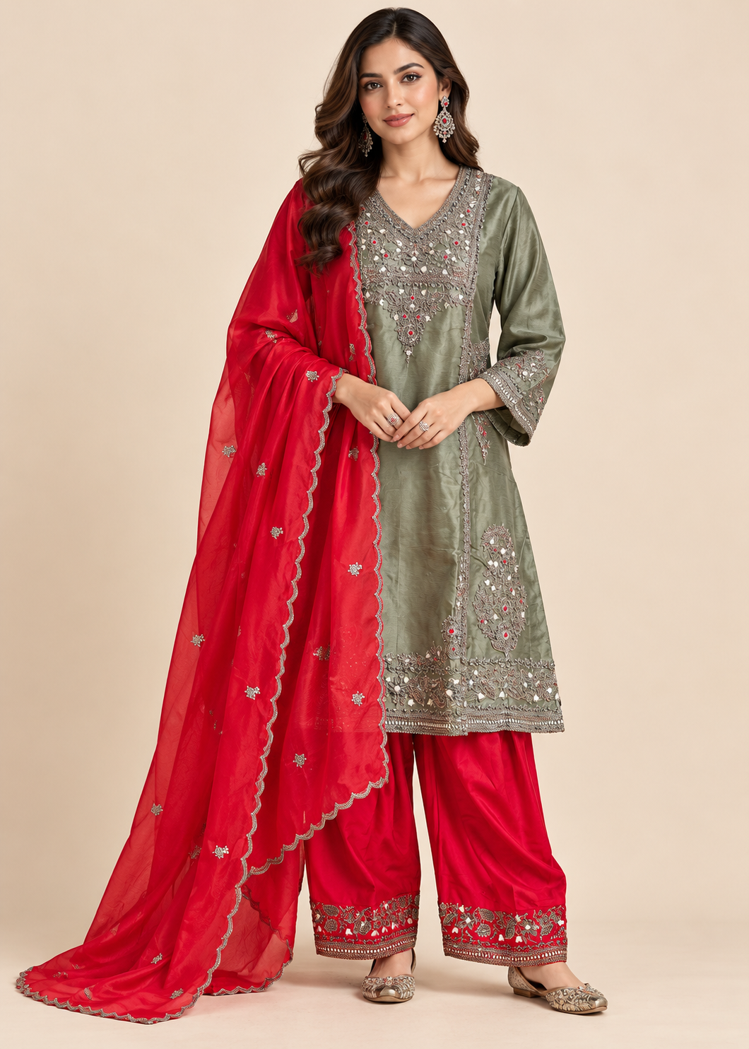 Sage Olive and Crimson Embroidered Kurti Salwar Set