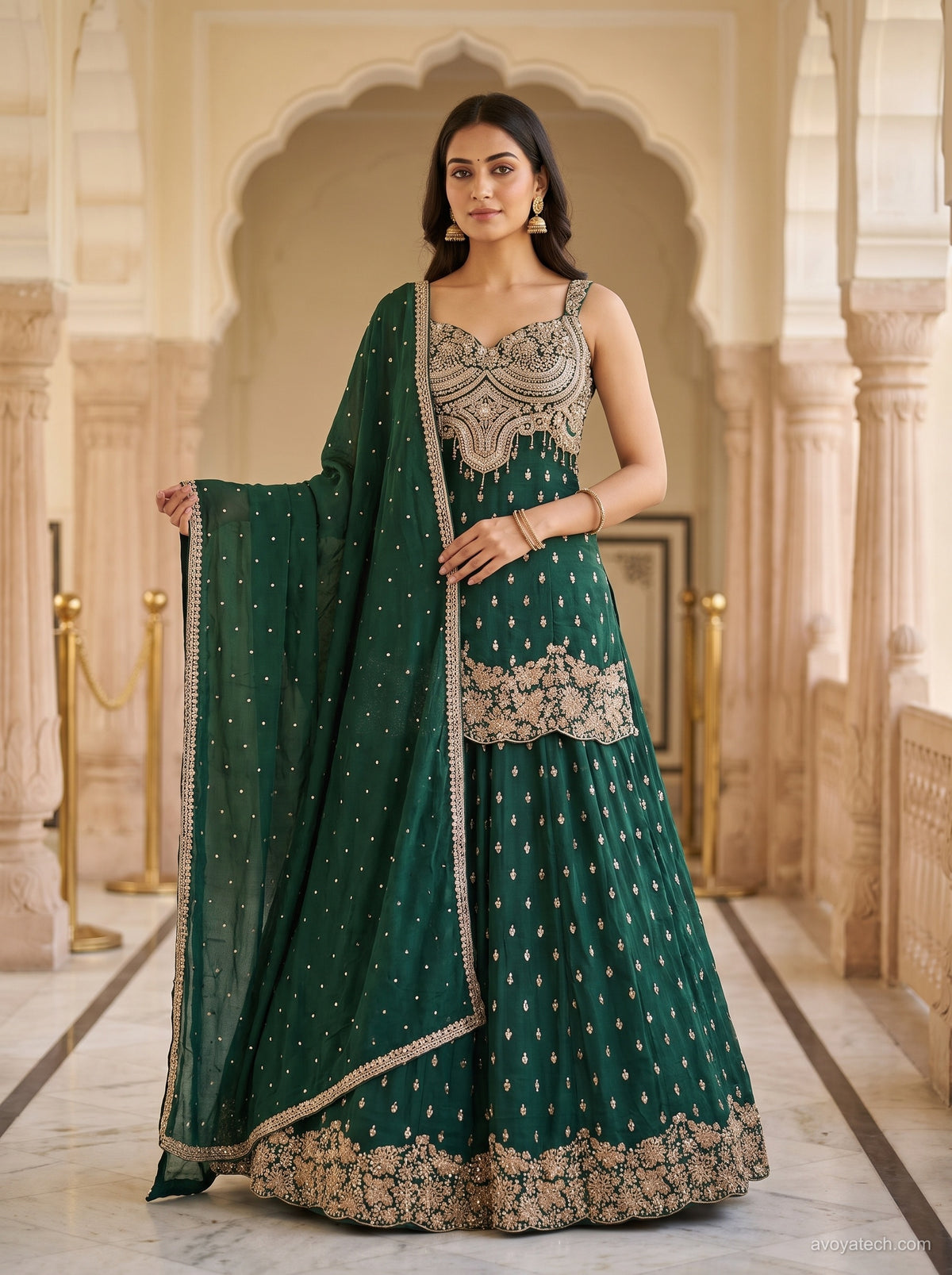 Emerald Green Zari Embroidered Kurti Lehenga Set Main image
