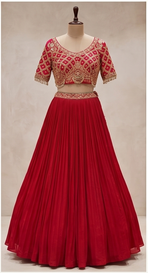 Crimson Red Pleated Georgette Lehenga Choli Set