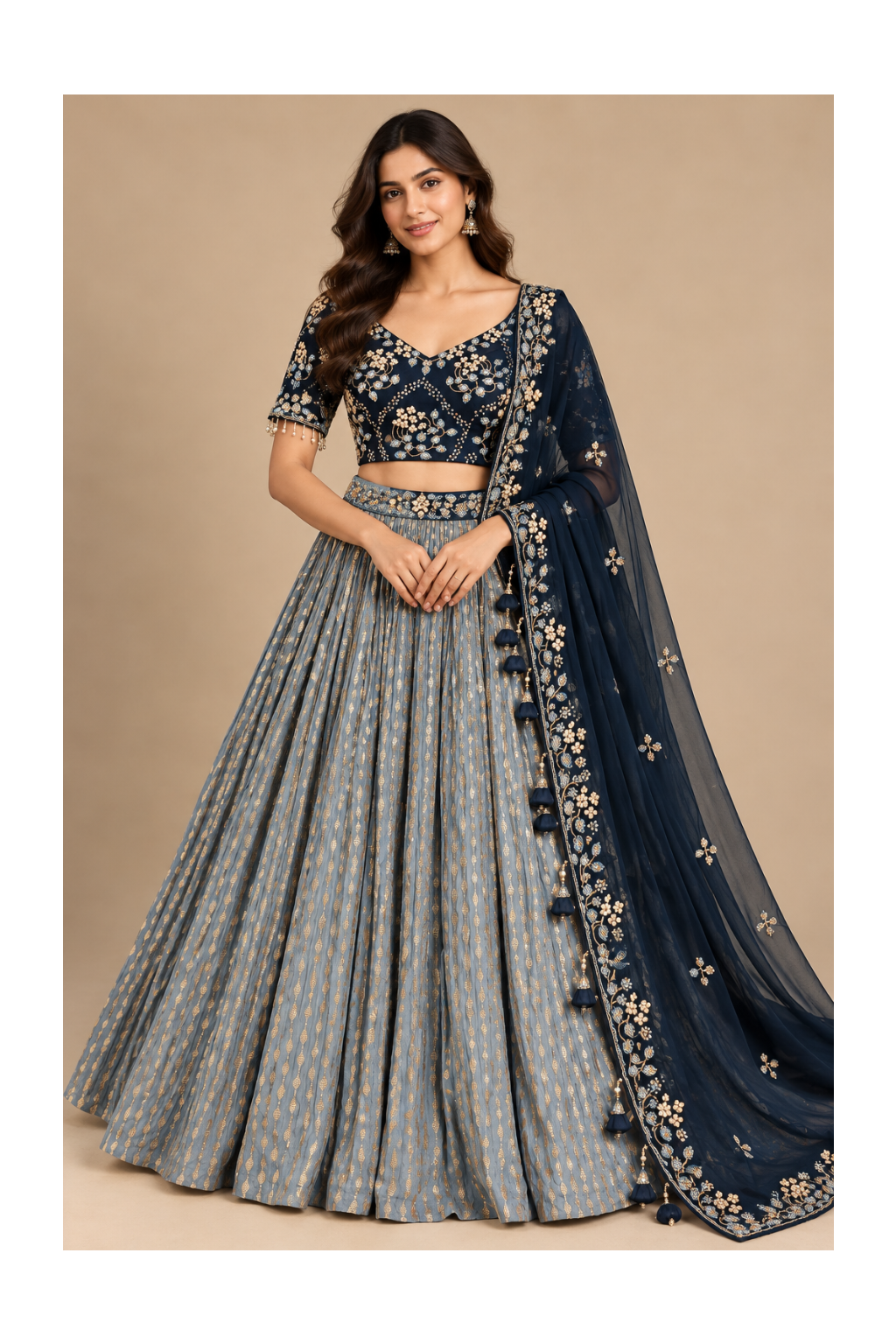 Slate-Grey & Midnight-Navy Floral Embroidered Lehenga, Blouse Main image