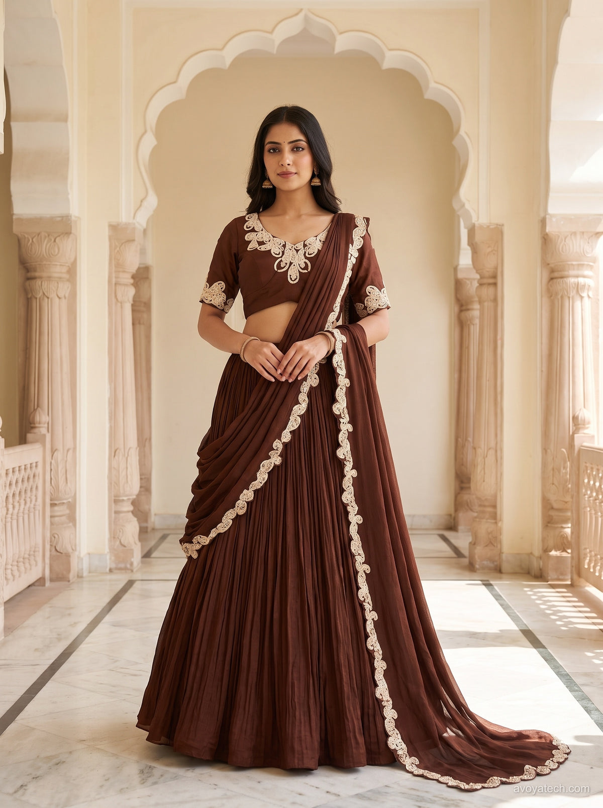 Chocolate Brown Pleated Draped Saree Set