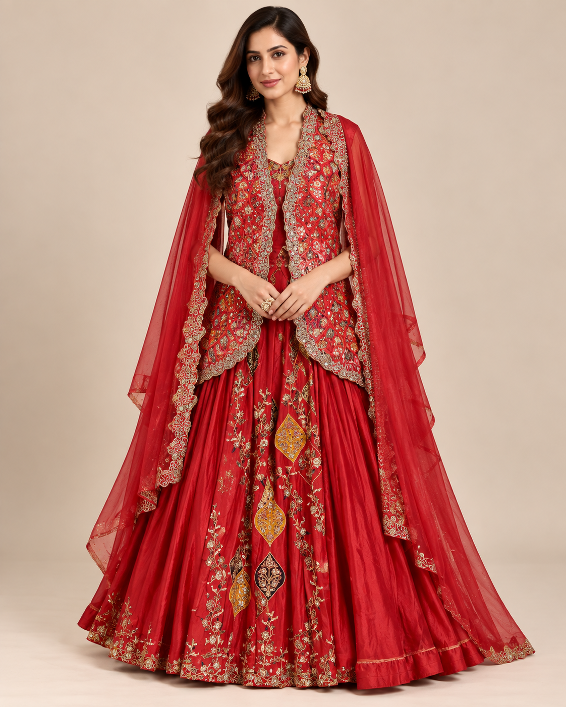 Crimson Red Embroidered Cape Jacket Gown Set Main image