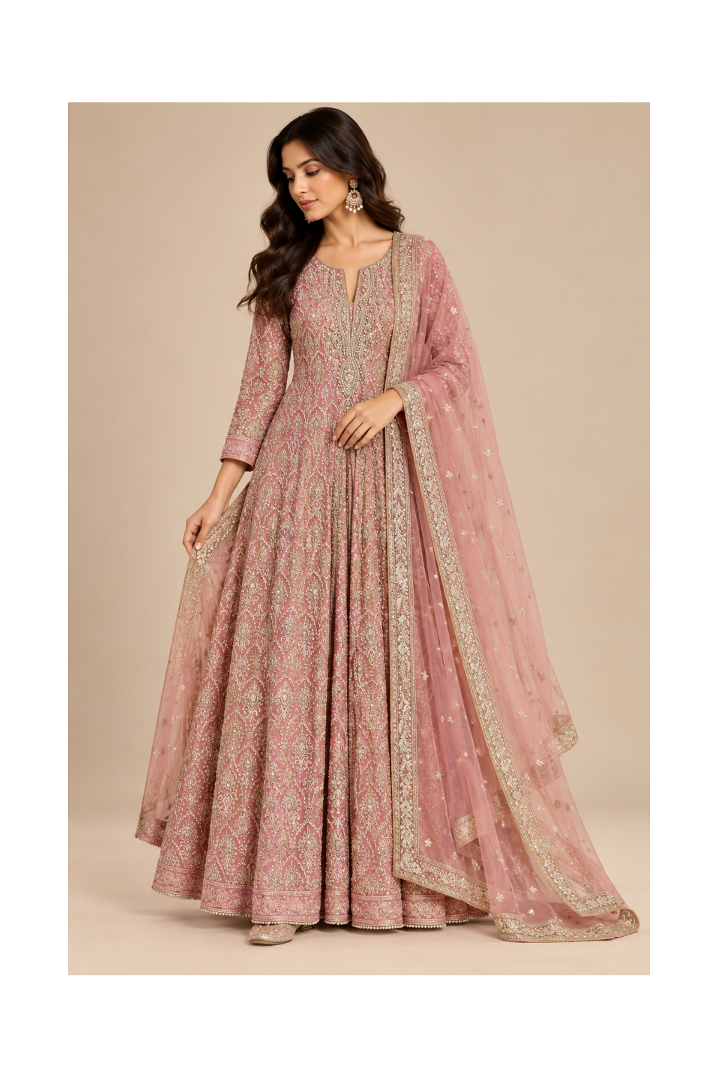 Dusty Rose Embroidered Anarkali Gown Set