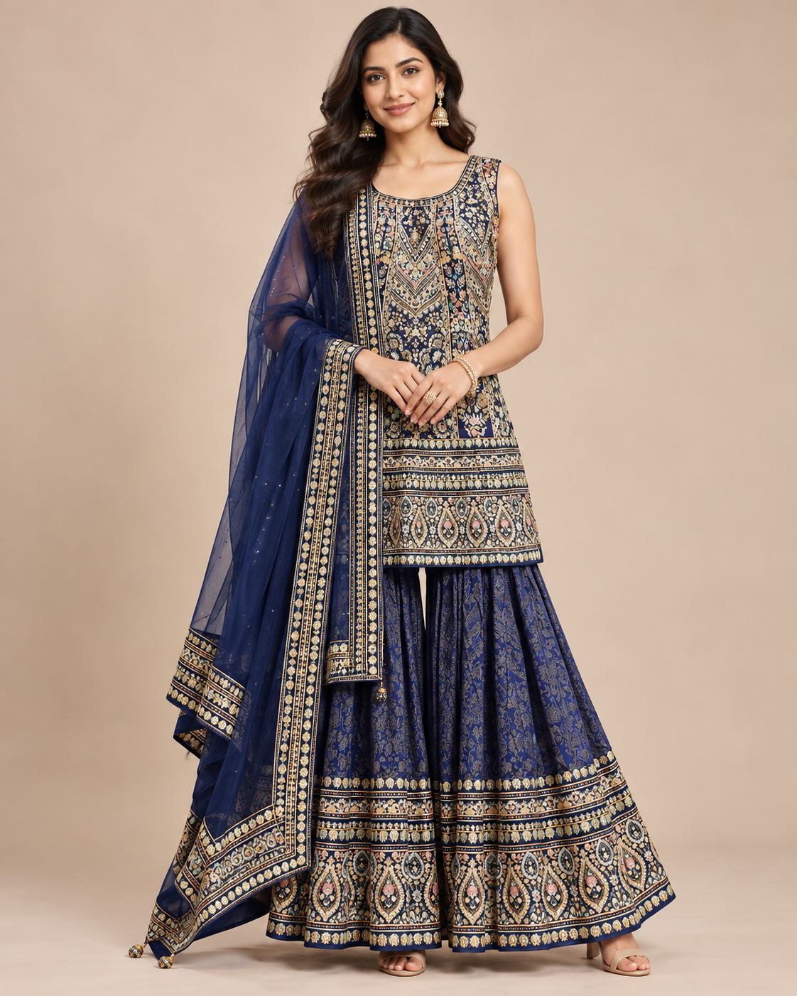Royal Navy Blue Intricately Embroidered Sharara Suit Set with Dupatta Main image