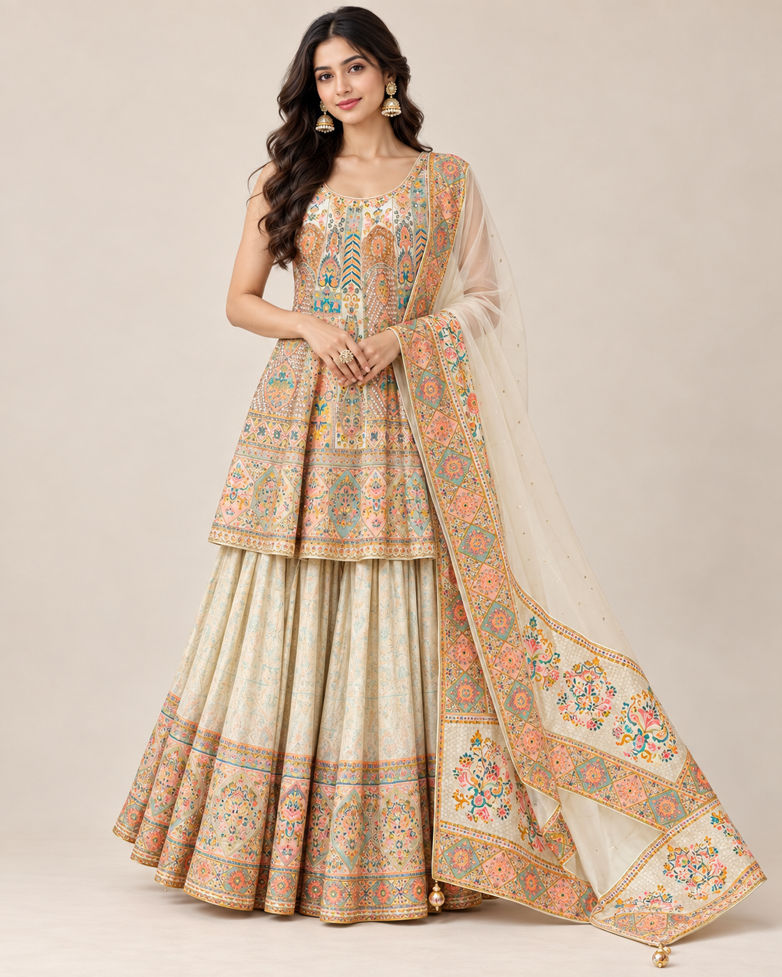 Ivory Multi Embroidered Peplum Sharara Set