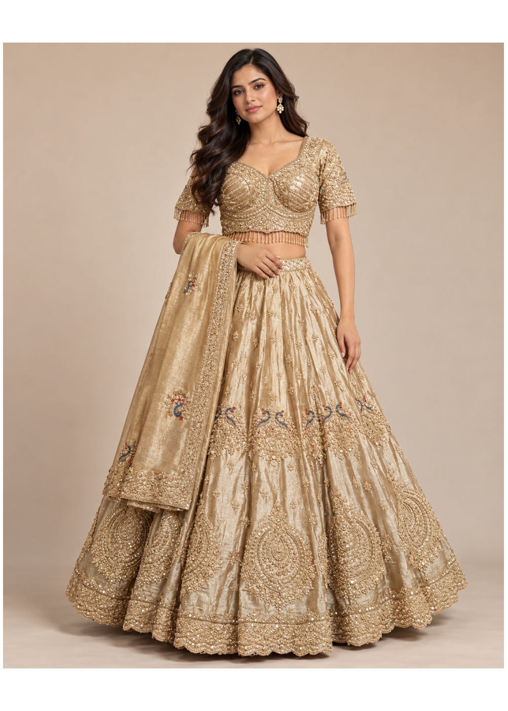 Royal Champagne Peacock Embroidered Bridal Lehenga