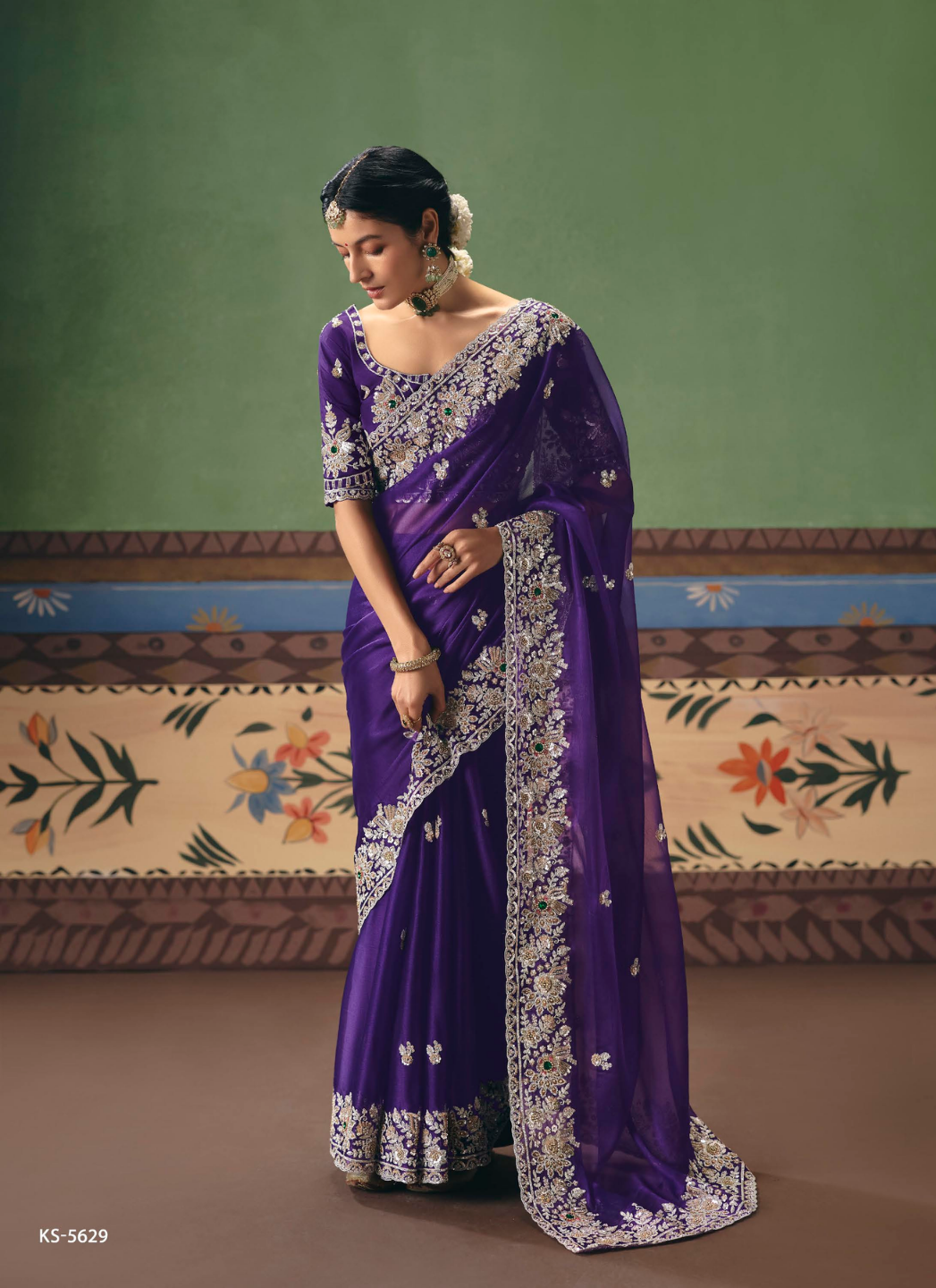Royal Violet Hand-Embellished Organza Saree Main image
