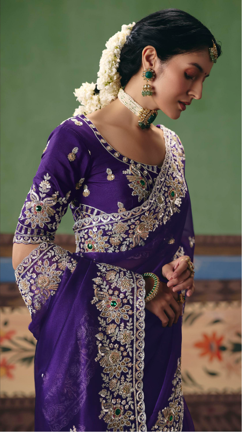 Royal Violet Hand-Embellished Organza Saree