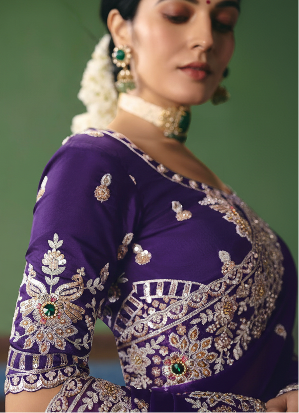 Royal Violet Hand-Embellished Organza Saree Secondary image