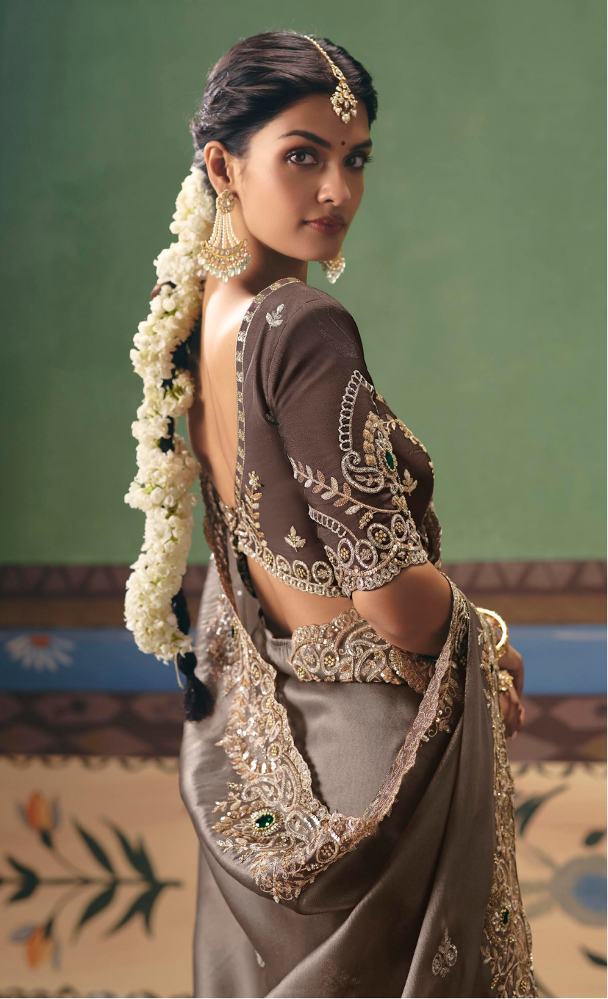 Heavily Embellished Satin Silk Saree Secondary image