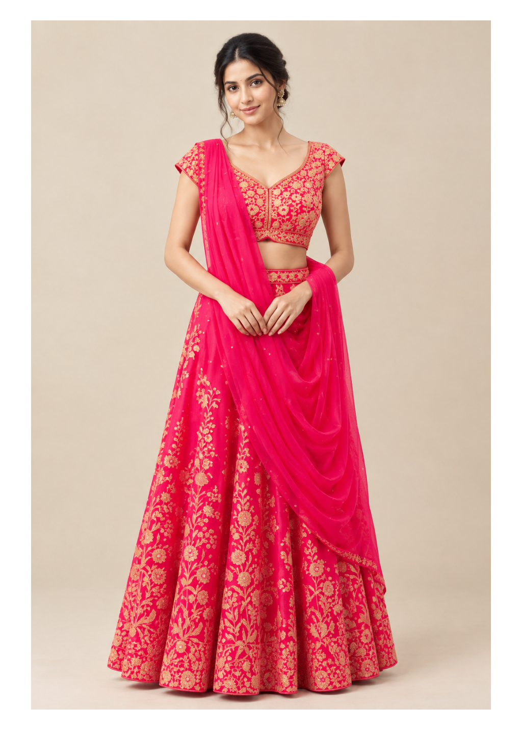 Rani Pink Silk Lehenga Set with Cap Sleeve Embroidered Blouse Main image