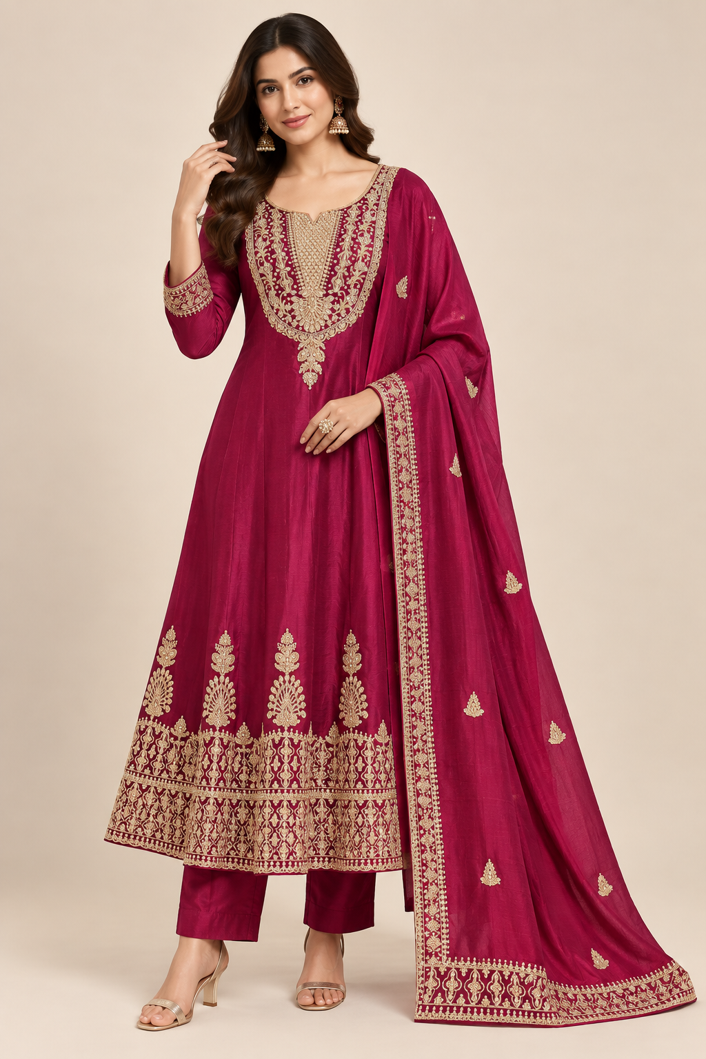 Wine Magenta Zari Embroidered Silk Anarkali Suit Set Main image