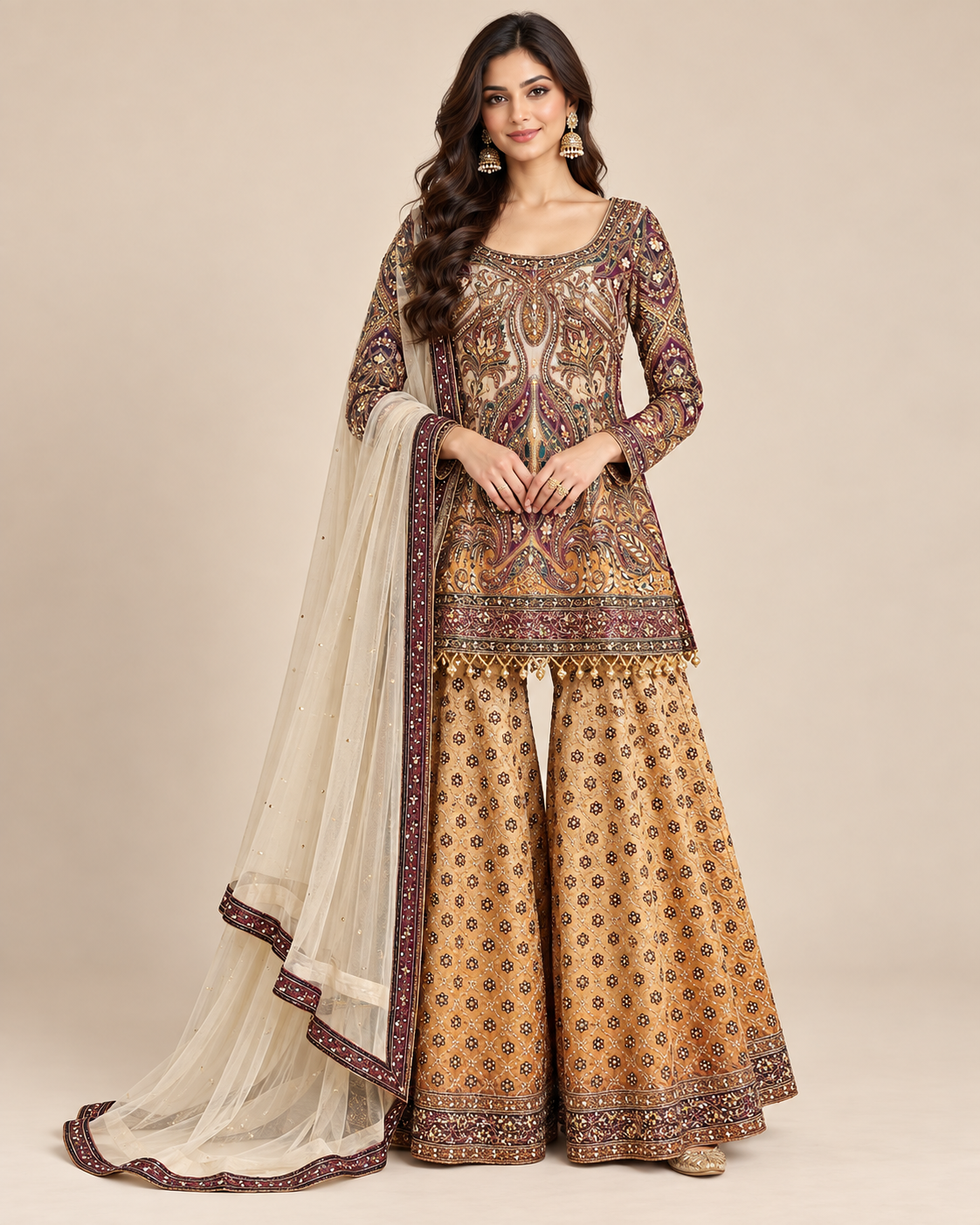 Mustard Embroidered Kurti Sharara Set