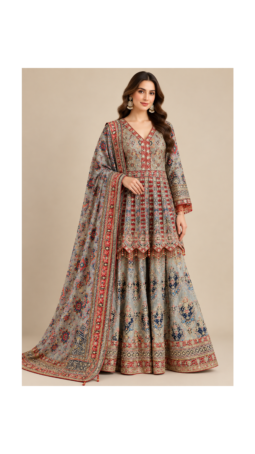 Grey Multi Embroidered Peplum Sharara Set Main image