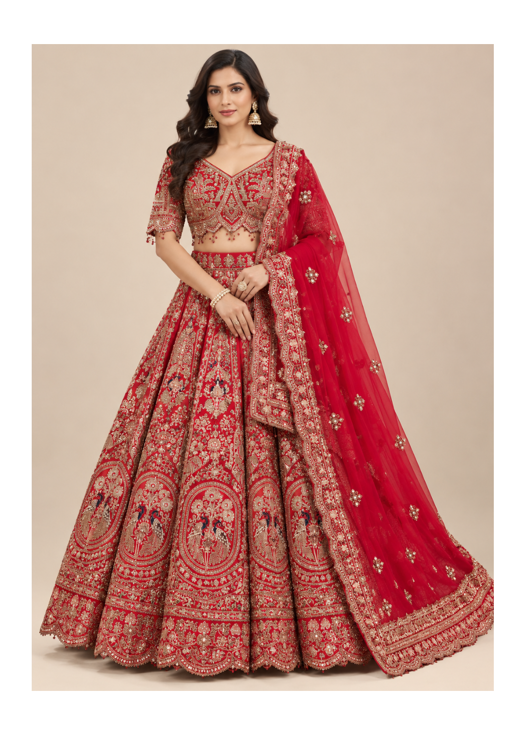 Red Gold Embroidered Bridal Lehenga Set