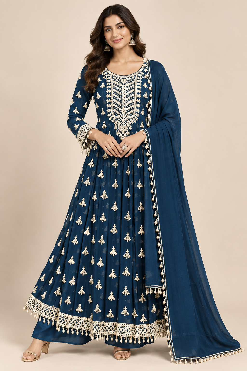 Deep Teal Blue Hand-Embroidered Georgette Anarkali Suit Set Main image