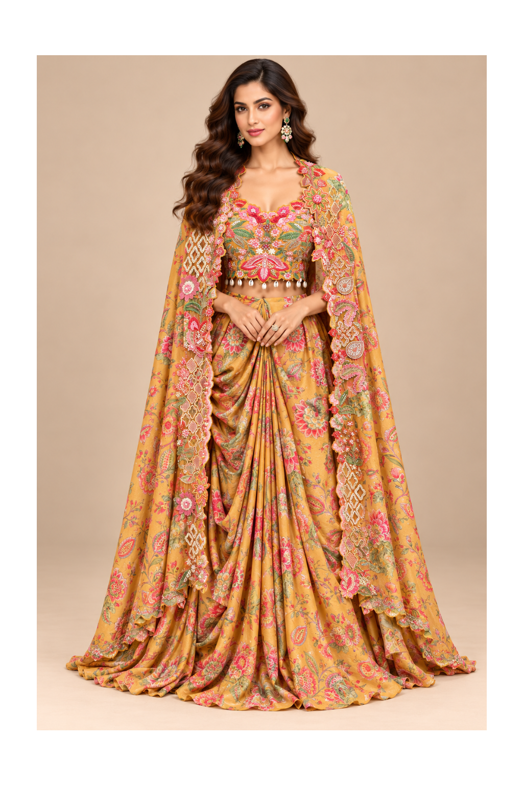 Mustard Yellow Floral Printed Bustier, Draped Saree-Skirt & Embroidered Cape Set