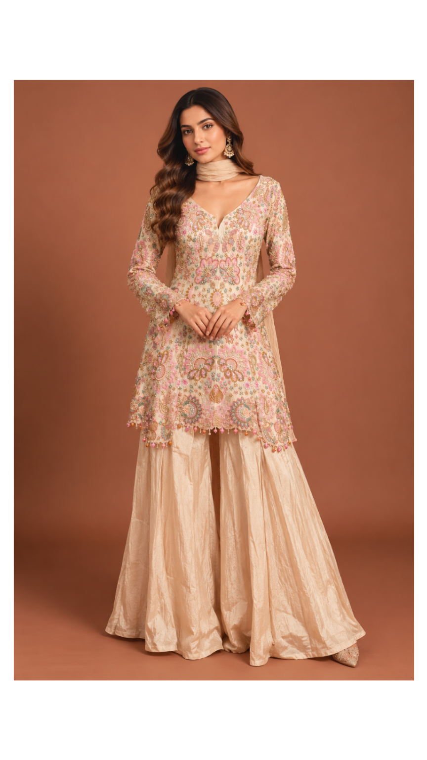 Champagne Gold Pastel Embroidered Sharara Set