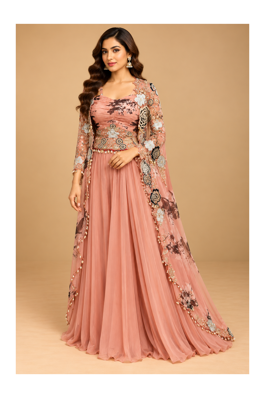 Dusty Rose Pleated Jumpsuit &amp; Botanical Embroidered Overlay Jacket Set Main image