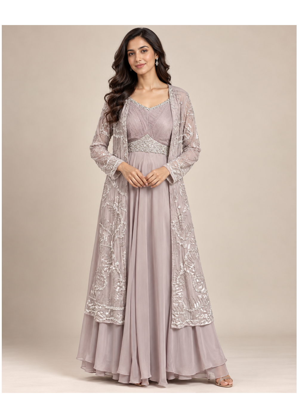 Elegant Mauve Embroidered Jacket Gown