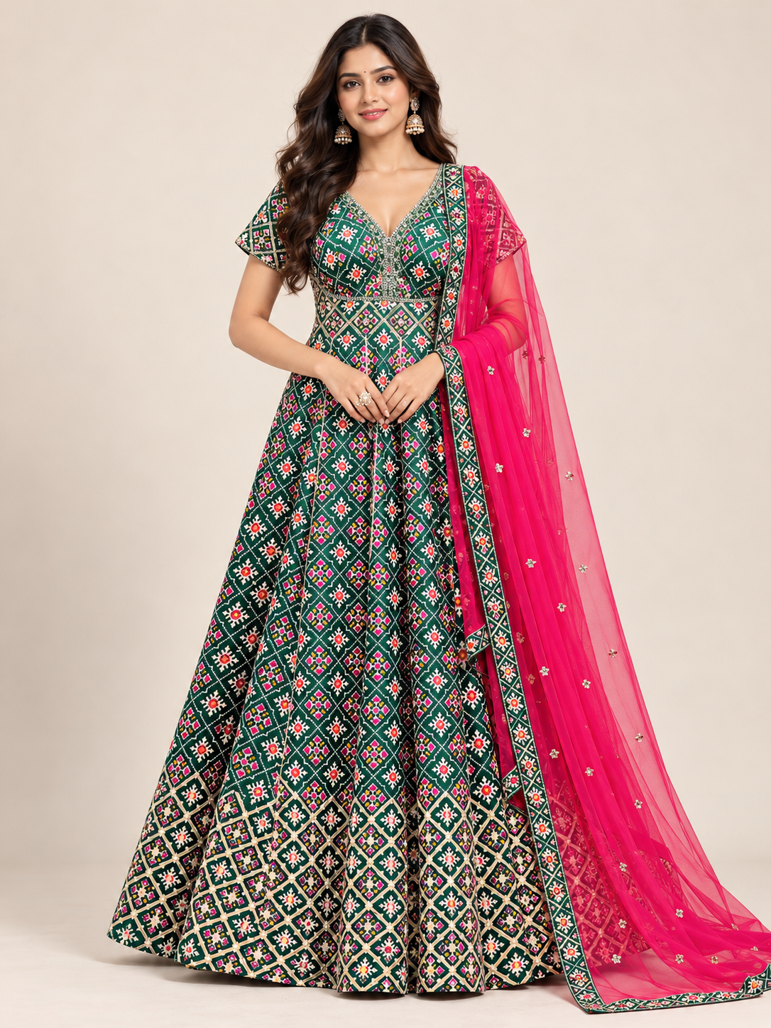 Emerald Green Patola-Style Printed Anarkali Gown with Hot Pink Dupatta