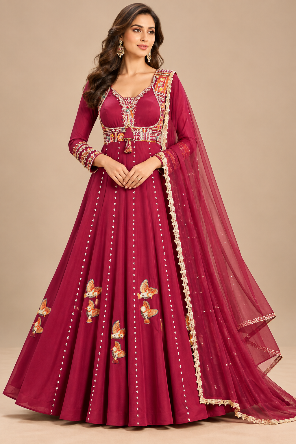 Berry Wine Embroidered Anarkali Gown Set with Tasseled Yoke