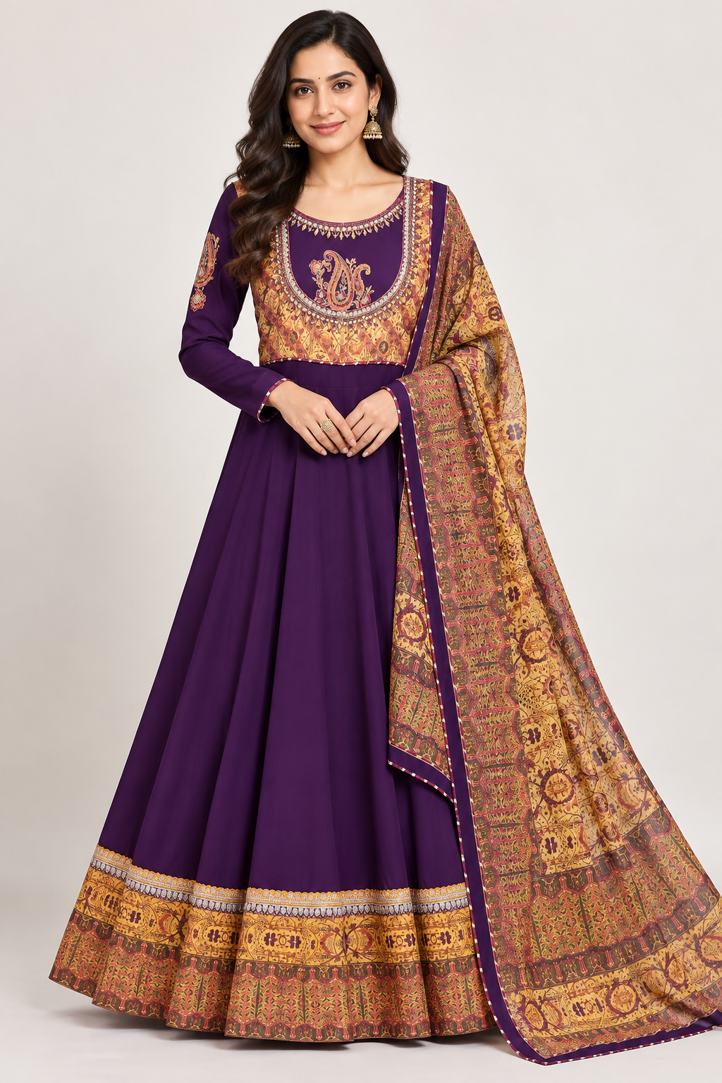 Royal Purple Kalamkari-Print Silk Anarkali Gown with Dupatta