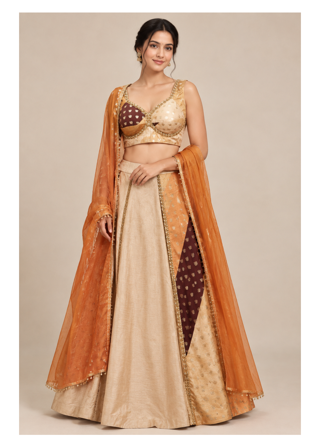 Color-Blocked Silk Lehenga Set with Bustier Blouse & Dupatta